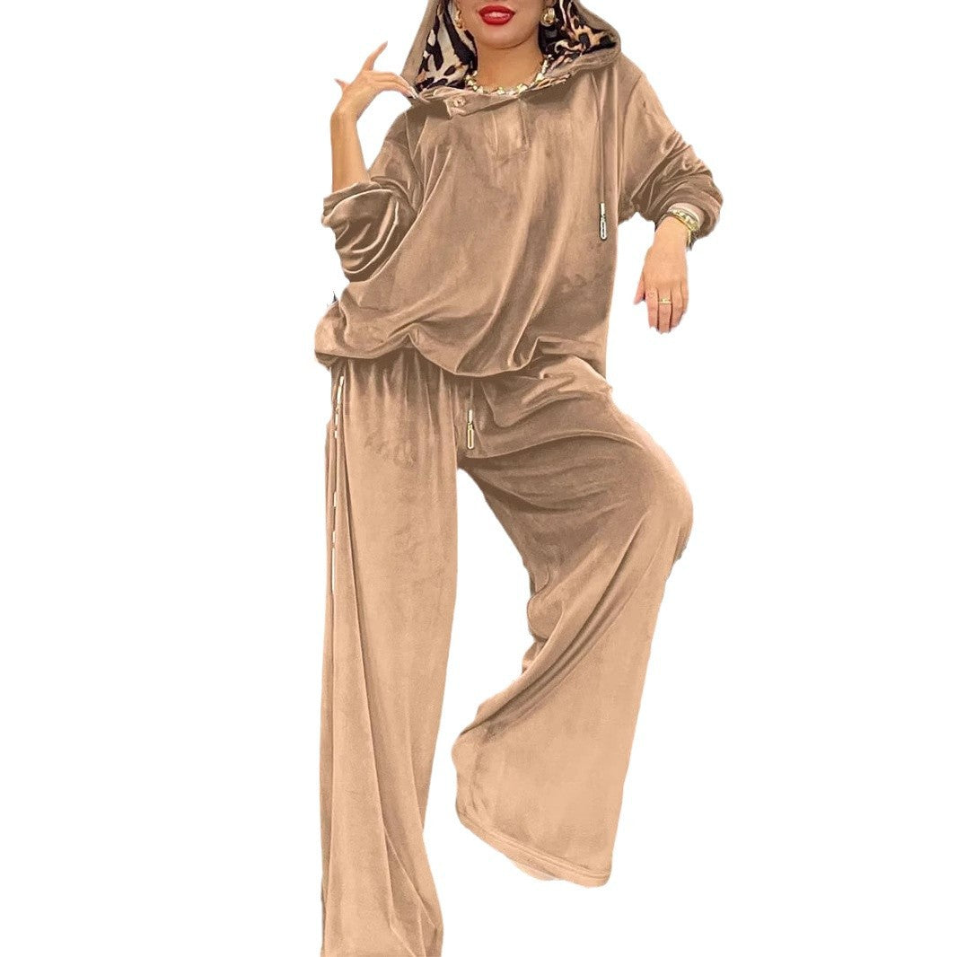 Damen Sportliches Loungewear-Set aus weichem Velours mit Kapuze R&B