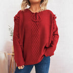 Damen Oversize-Strickpullover mit verspieltem Fransen-Design und Zopfmuster R&B