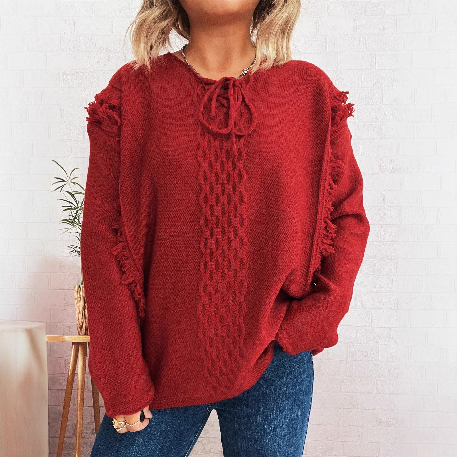 Damen Oversize-Strickpullover mit verspieltem Fransen-Design und Zopfmuster R&B