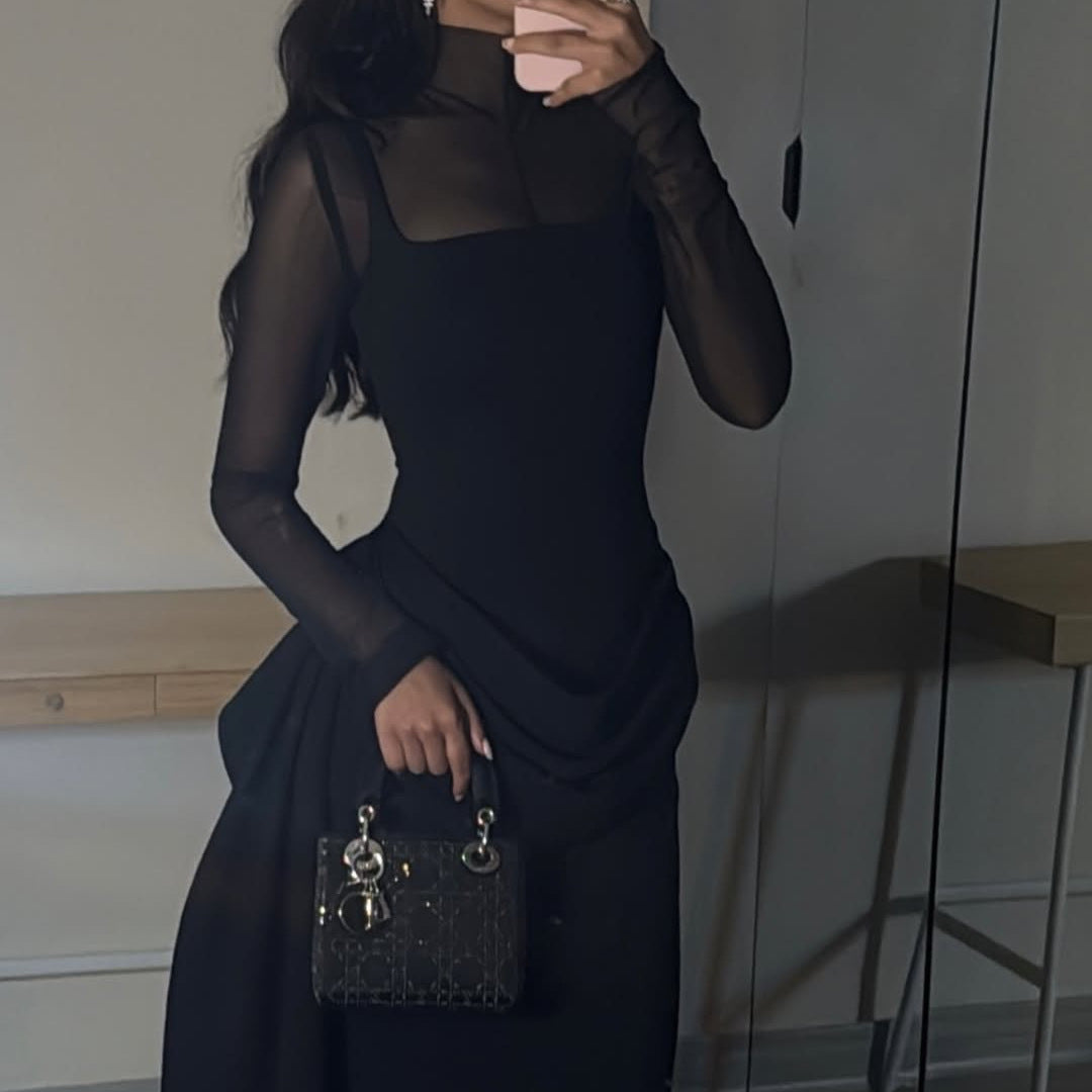 Damen Elegantes Maxikleid mit transparenten Ärmeln und drapiertem Rock R&B