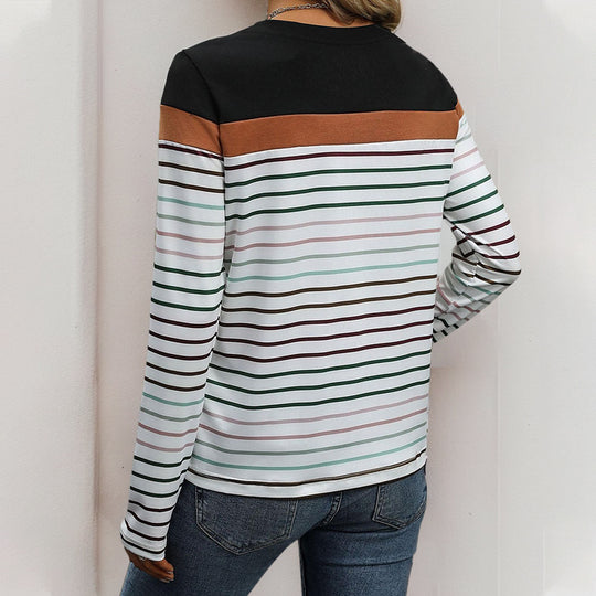 Damen gestreiftes Langarmshirt mit modischem Farbblockdesign R&B