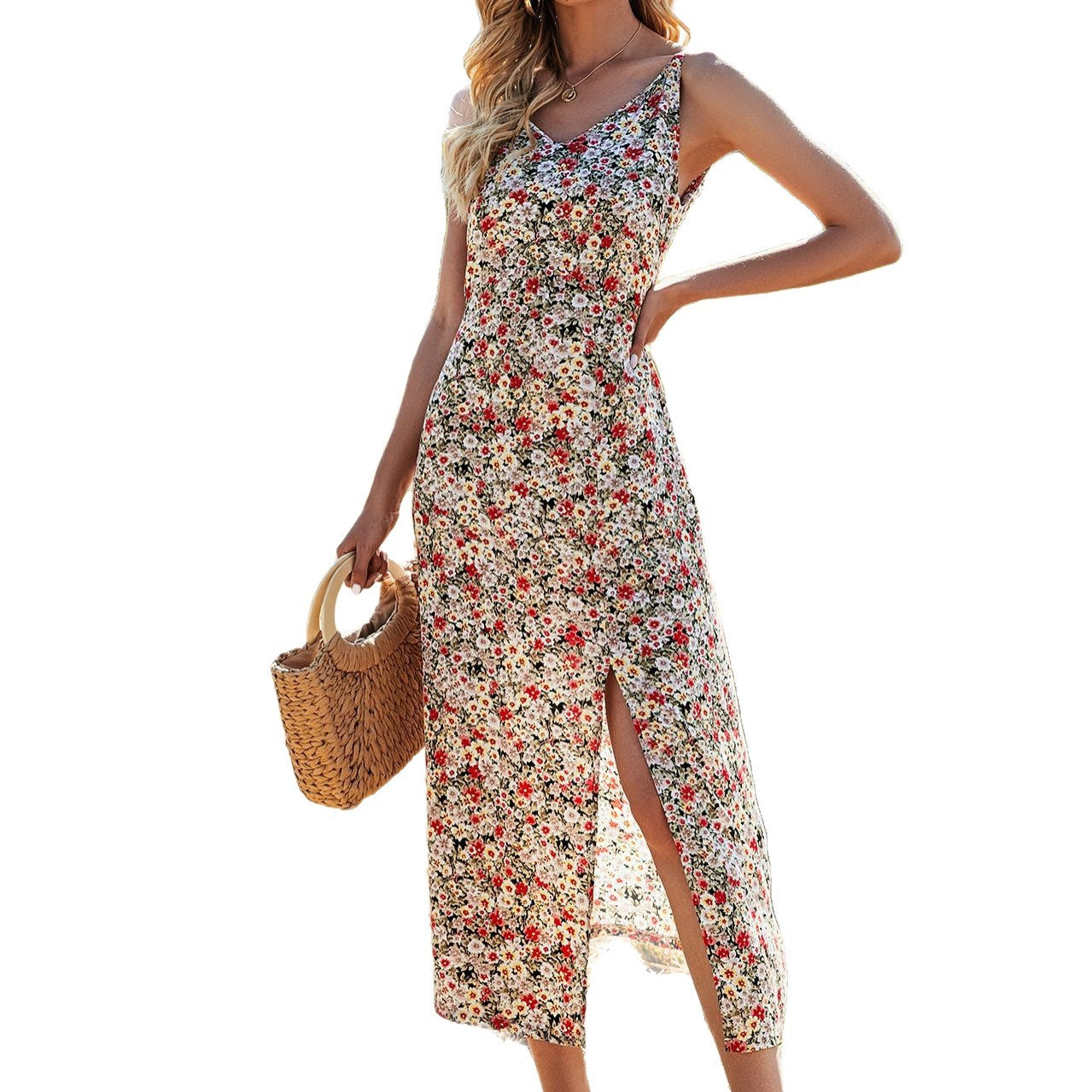Damen Maxikleid mit floralem Muster und seitlichem Schlitz R&B