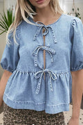 Damen Modische Jeansbluse mit dekorativen Schleifendetails und voluminösen Ärmeln R&B