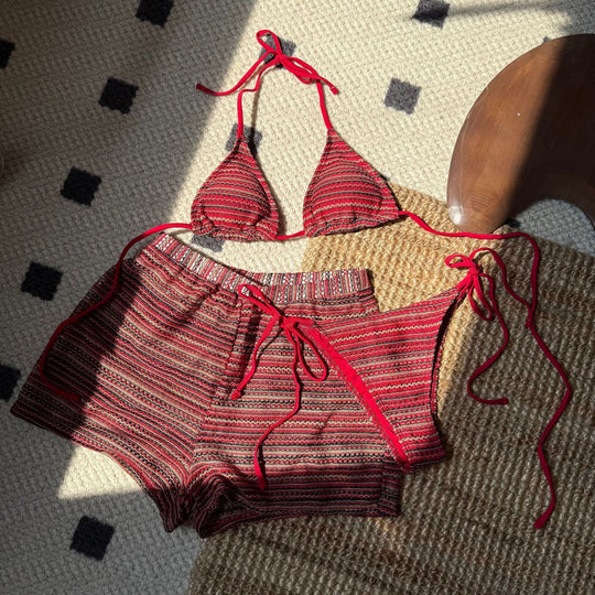 Damen Zweiteiliges Strand-Bikini-Set mit verspielt gestreiftem Oberteil und Shorts R&B