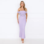 Damen elegantes Maxikleid mit schulterfreiem Design und Spitzenverzierung R&B