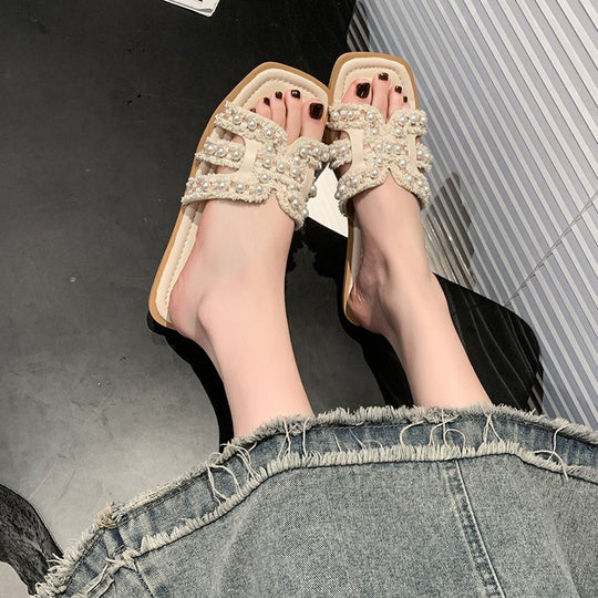 Damen elegante Mules mit Perlenverzierung R&B