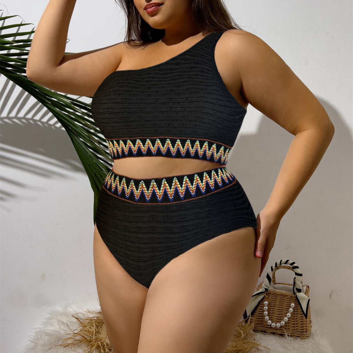 Damen Sportlicher Zweiteiliger Badeanzug mit einzigartigem Cut-Out-Design und buntem Bannermuster R&B