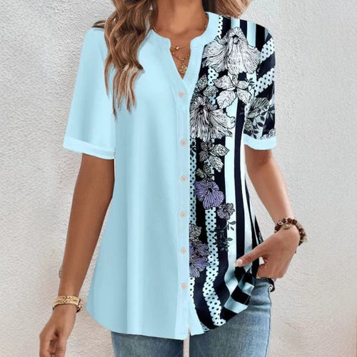 Damen nan zweigeteilte Hemdbluse mit asymmetrischem Muster-Mix, Knopfleiste und lockerer Hüftlänge R&B