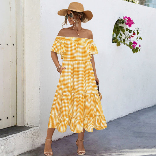 Damen Off-Shoulder Maxikleid mit raffinierten Rüschendetails und lockerer A-Linien-Silhouette R&B