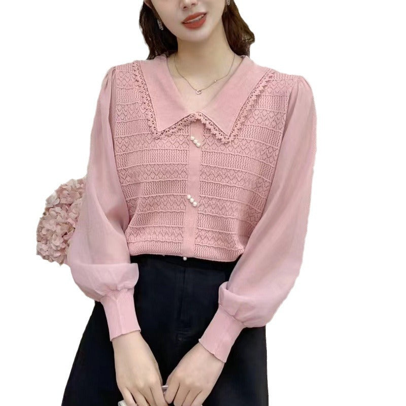 Damen Bluse mit Spitzenkragen und dekorativen Knöpfen