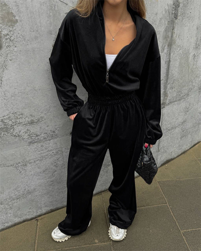 Damen Eleganter Fleece-Jumpsuit mit hohem Kragen und weit geschnittenen Beinen R&B