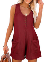 Damen lässiger Kurz-Jumpsuit mit Knopfleiste und Taschen