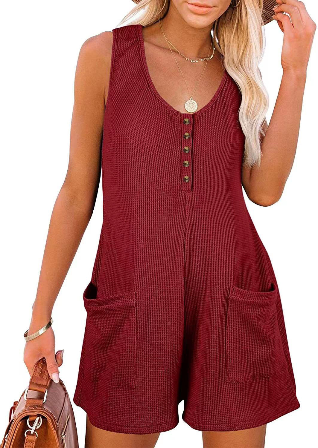 Damen lässiger Kurz-Jumpsuit mit Knopfleiste und Taschen