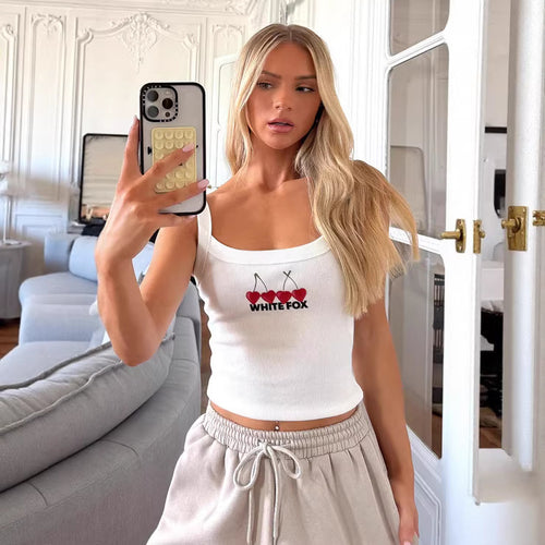 Damen Crop-Top mit Kirschstickerei und elastischem Baumwollmaterial R&B