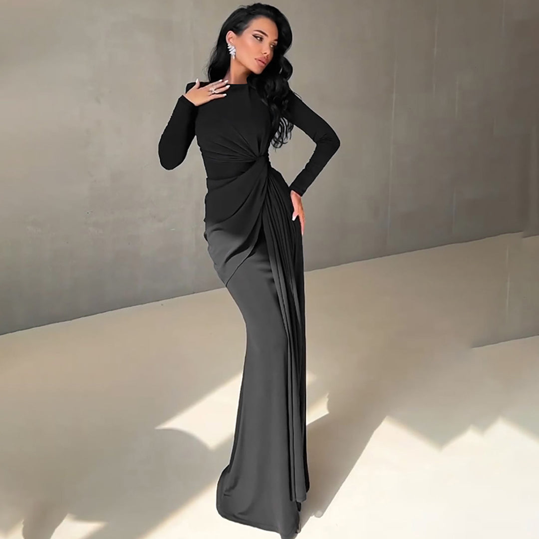 Damen Elegantes Longdress mit Raffung und hohem Kragen R&B