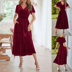 Damen Midikleid mit V-Ausschnitt und voluminösen Ärmeln