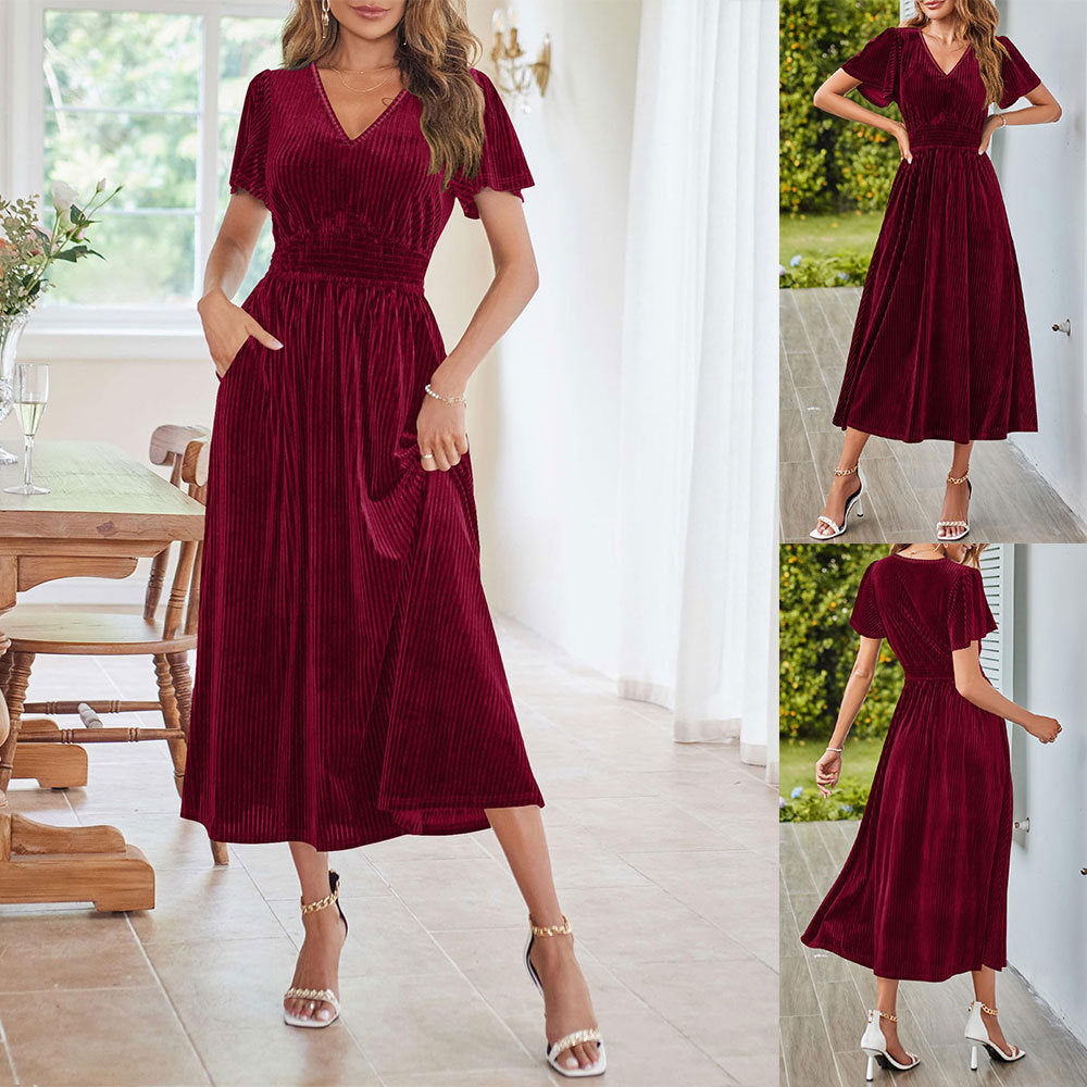 Damen Midikleid mit V-Ausschnitt und voluminösen Ärmeln