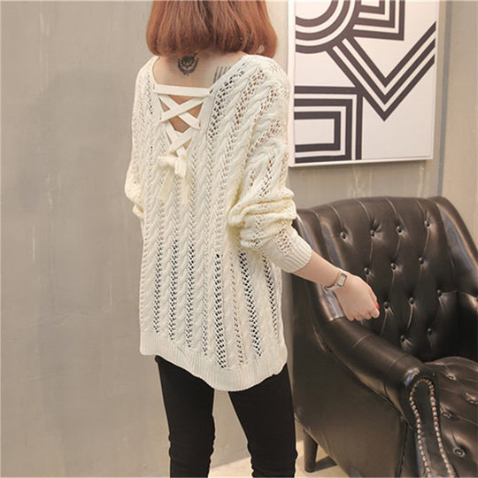 Damen Strickpullover mit Off-Shoulder-Design und Rückenschnürung R&B