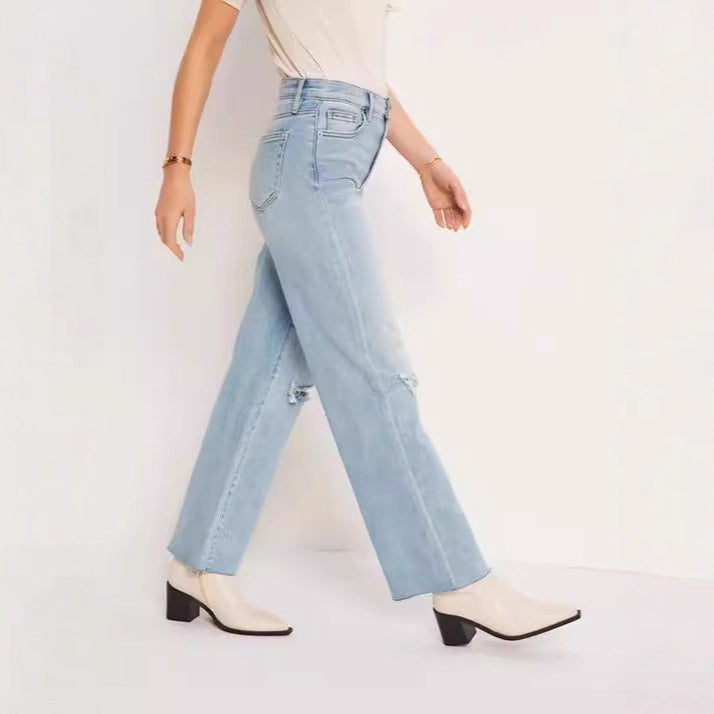Damen Weite High-Waist Jeans mit Destroyed-Optik