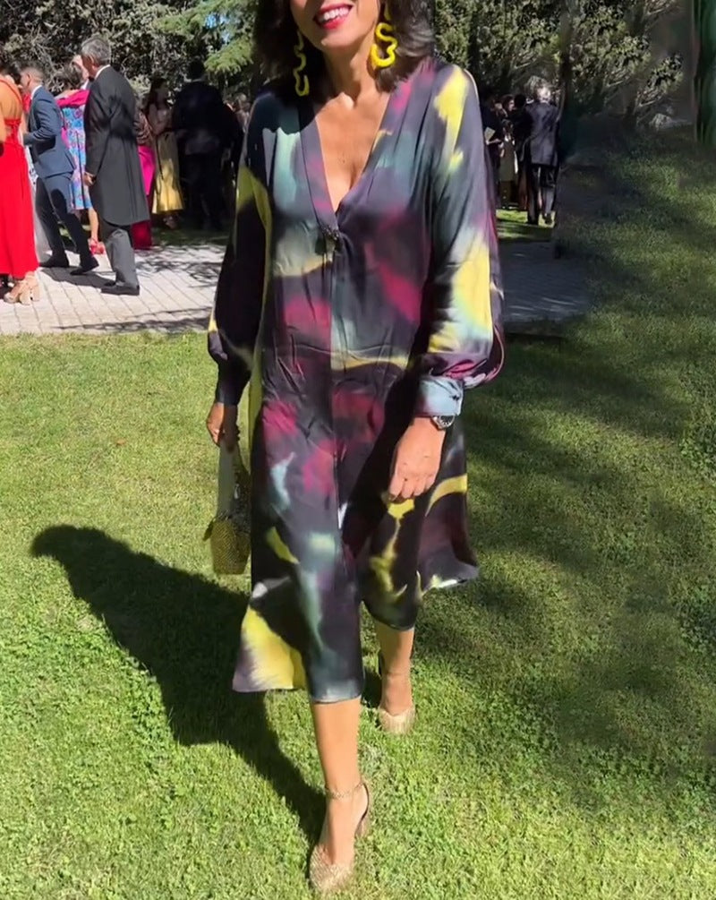 Damen nan fließendes Midikleid mit abstraktem Print, V-Ausschnitt, Ballonärmeln und Schmuckverschluss R&B