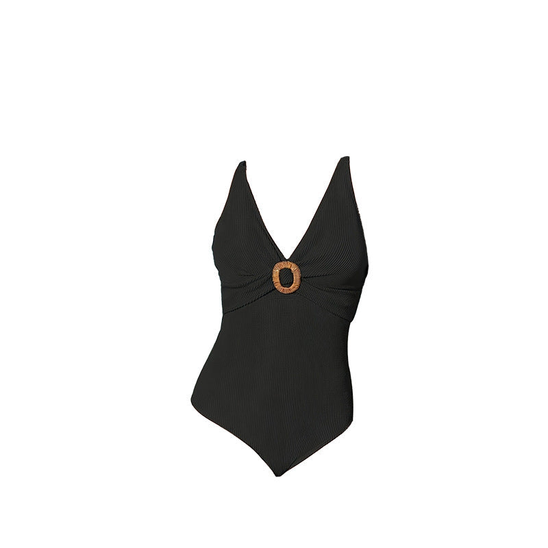 Damen Einteiler Badeanzug mit modischem V-Ausschnitt und romantischem Ringdetail R&B