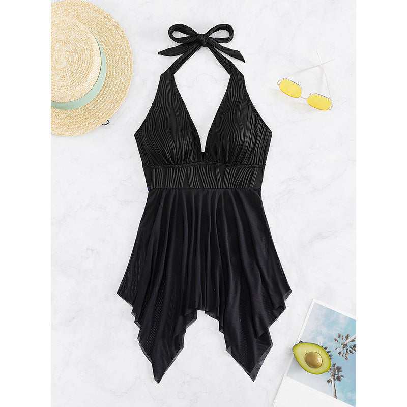Damen Eleganter Wickel-Badeanzug mit tiefem V-Ausschnitt und Chiffonrock R&B