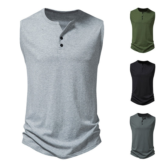 Herren ärmelloses Henley-Shirt mit modernem Knopfdesign R&B