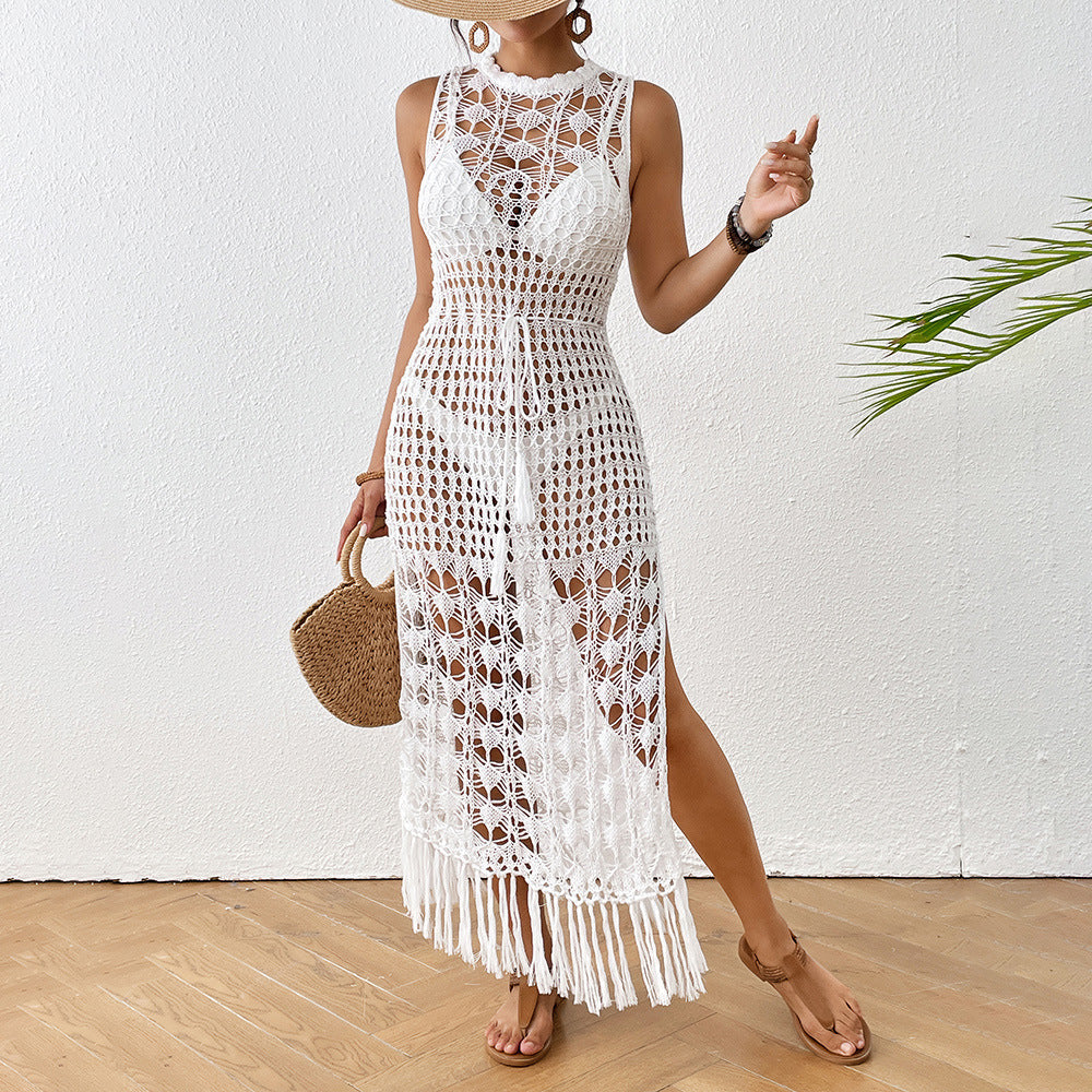 Damen gehäkelter Strandüberwurf mit offenen Häkelelementen und eleganten Fransen R&B