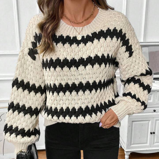 Damen Grobstrickpullover mit geometrischem Muster und voluminösen Ärmeln R&B