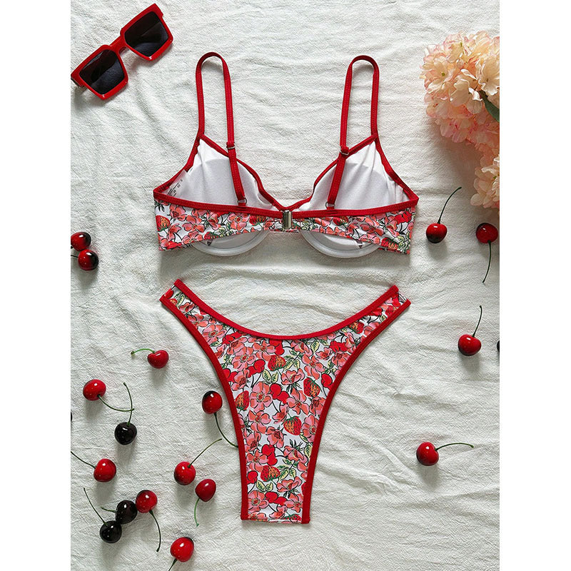 Damen Blumenmuster Bikini-Set mit elegantem Bustier-Oberteil und niedrigem Slip R&B
