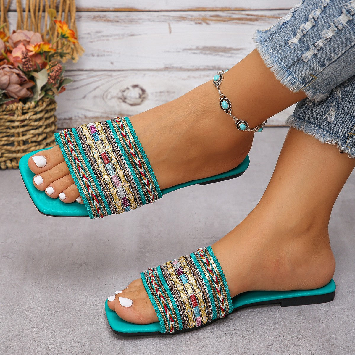 Damen Fancy Badeschuhe mit exquisite Perlenstickerei R&B