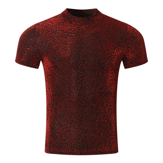 Damen nan schimmerndes Kurzarmshirt mit hohem Rundhalsausschnitt und strukturierter Animal-Print-Optik R&B