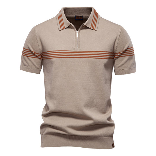 Herren nan edles Feinstrick-Poloshirt mit kurzem Metallreißverschluss, Bündchenärmeln und kontrastierten Streifenbändern R&B