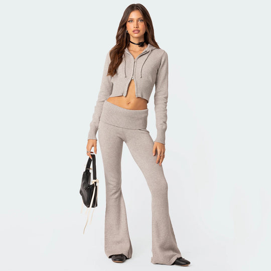 Damen Cropped Strick-Set mit hoher Taille und weitem Bein R&B