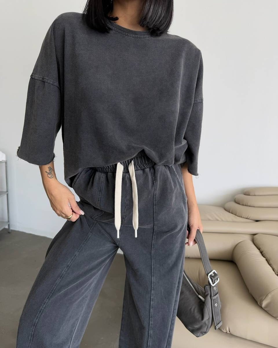 Damen lässiges Baumwoll-Set mit weitem Schnitt und elastischem Bund R&B