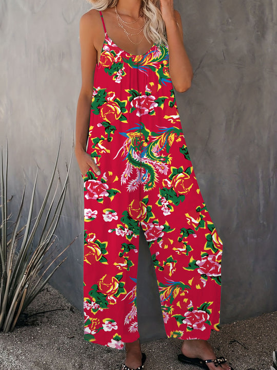 Damen Luftiger Jumpsuit mit floralem Design und verstellbaren Trägern R&B