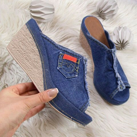 Damen Wedge-Sandalen mit modischem Denim-Design und offener Zehenpartie R&B