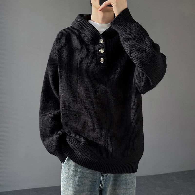 Herren Strickpullover mit Knopfleiste und Kapuze R&B