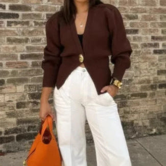 Damen Eleganter und lässiger Cardigan mit tiefem Ausschnitt und Schmuckknopf R&B
