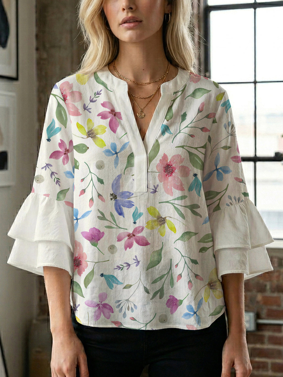 Damen Bluse mit voluminösen Ärmeln und floralem Design R&B