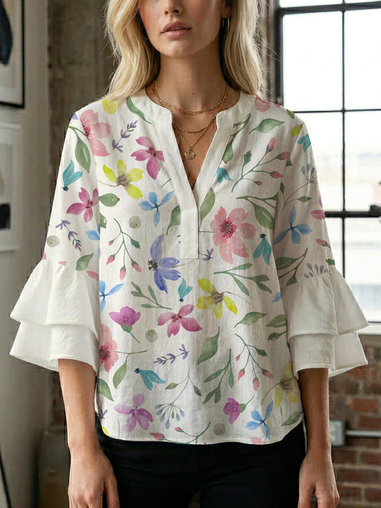 Damen Bluse mit voluminösen Ärmeln und floralem Design R&B