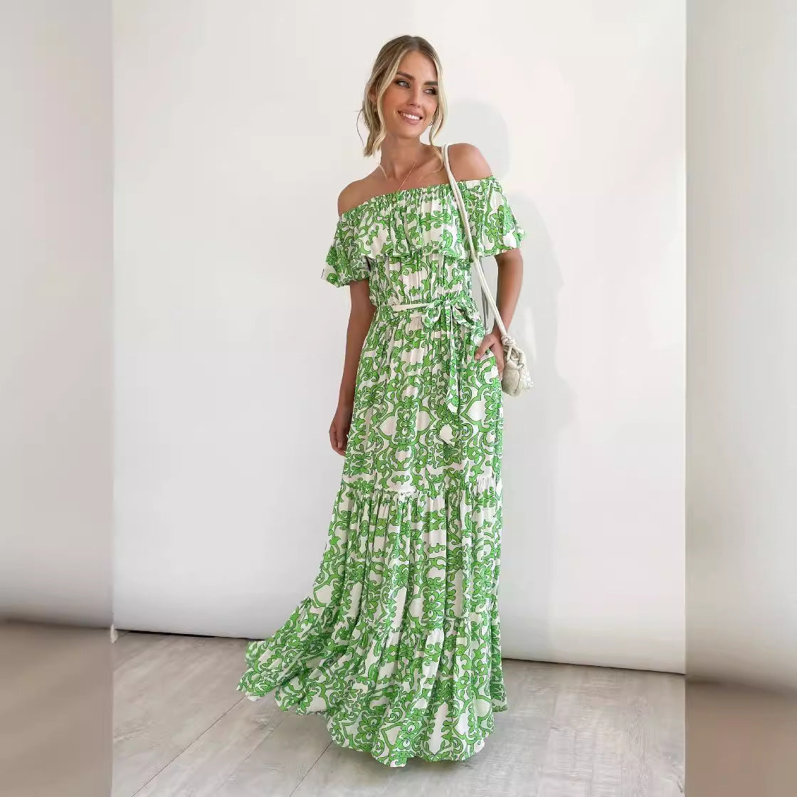Damen Off-Shoulder Maxikleid mit voluminösem Rüschendesign und elastischem Taillenbund R&B