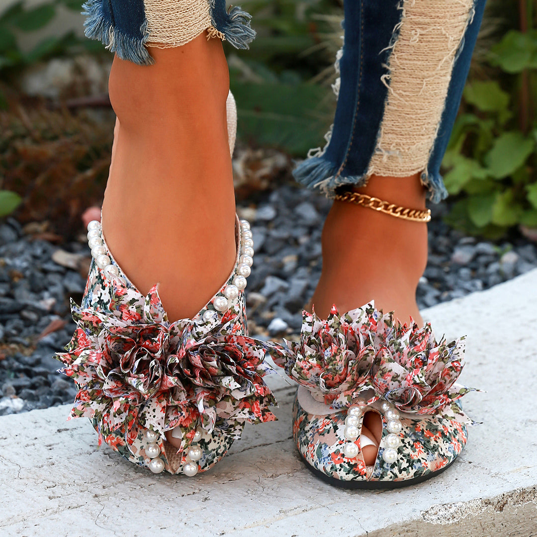 Damen Pantoletten mit floralem Design und eleganten Perlen R&B