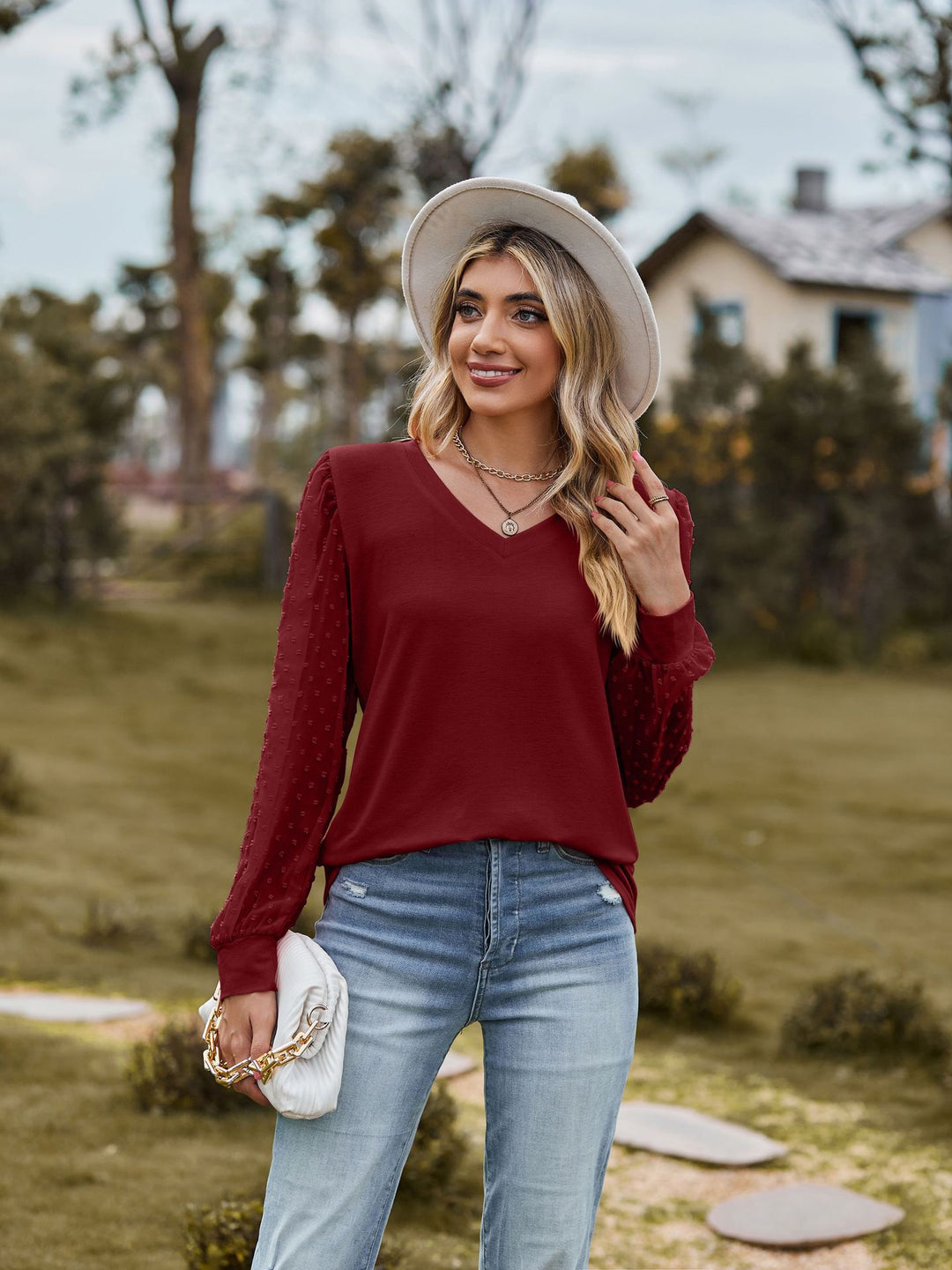 Damen elegantes V-Ausschnitt Oberteil mit Puffärmeln R&B