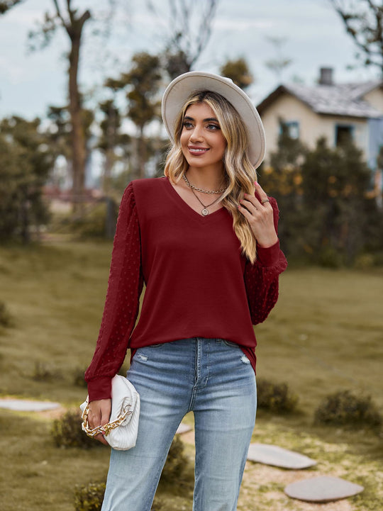 Damen elegantes V-Ausschnitt Oberteil mit Puffärmeln R&B