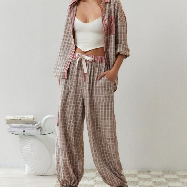 Damen lässiges Komplettset mit Karomuster aus weichem Material R&B