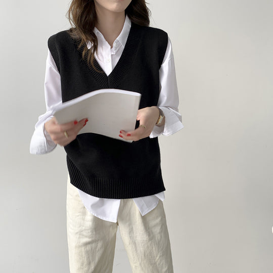 Damen Ärmellose Strickweste mit V-Ausschnitt und Rippdetails R&B