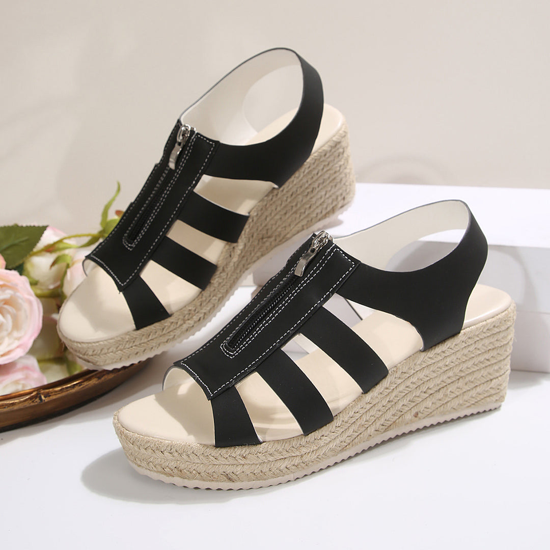 Damen Plateau-Riemchen-Sandalen mit Reißverschluss und geflochtener Sohle R&B