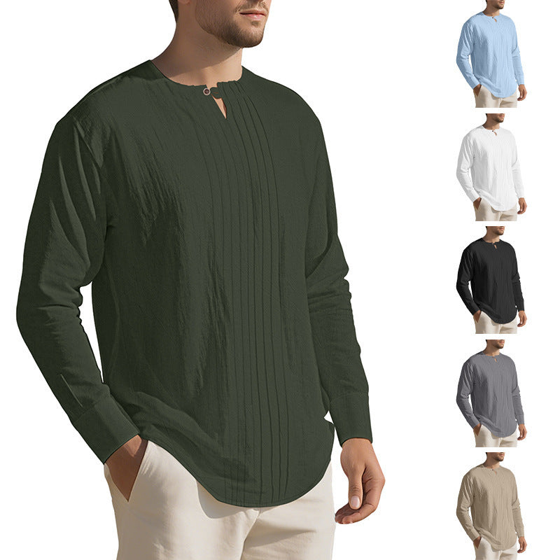 Herren Langarmshirt mit modischem Henley-Ausschnitt und Faltenstruktur R&B