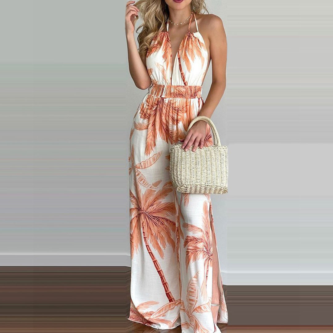 Damen eleganter Jumpsuit mit Spaghettiträgern und hohen Seitenschlitzen R&B